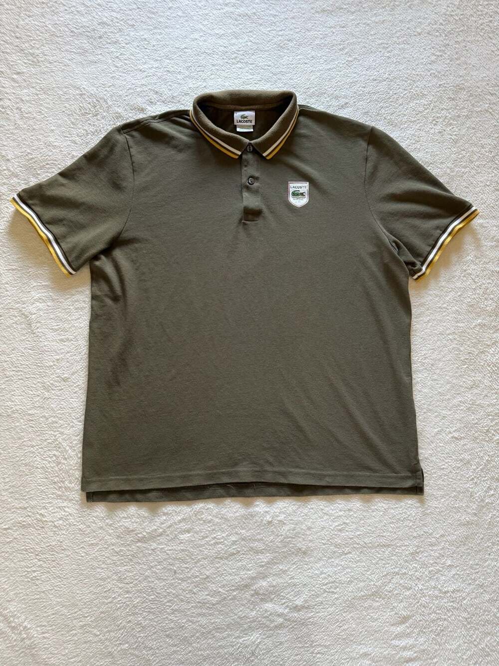 Y2K Lacoste Mens Olive Green Tipped Polo Shirt with Logo Crest Size 9